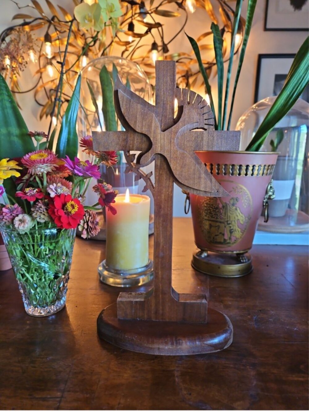 Vintage Hand Carved Teak Wood Religious Cross With Peace Dove Folk Art Primitive